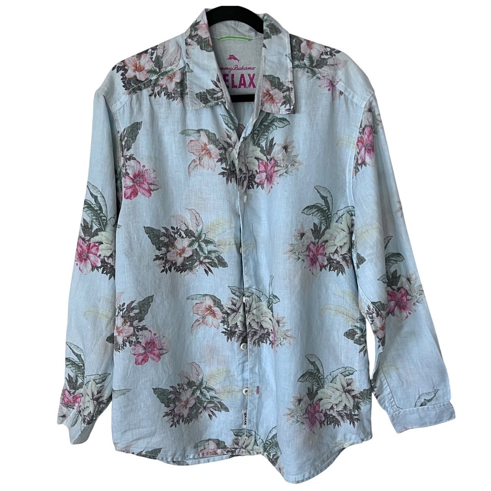 Tommy Bahama Relax Linen Floral Print Riviera Breeze Shirt Long Sleeve Large